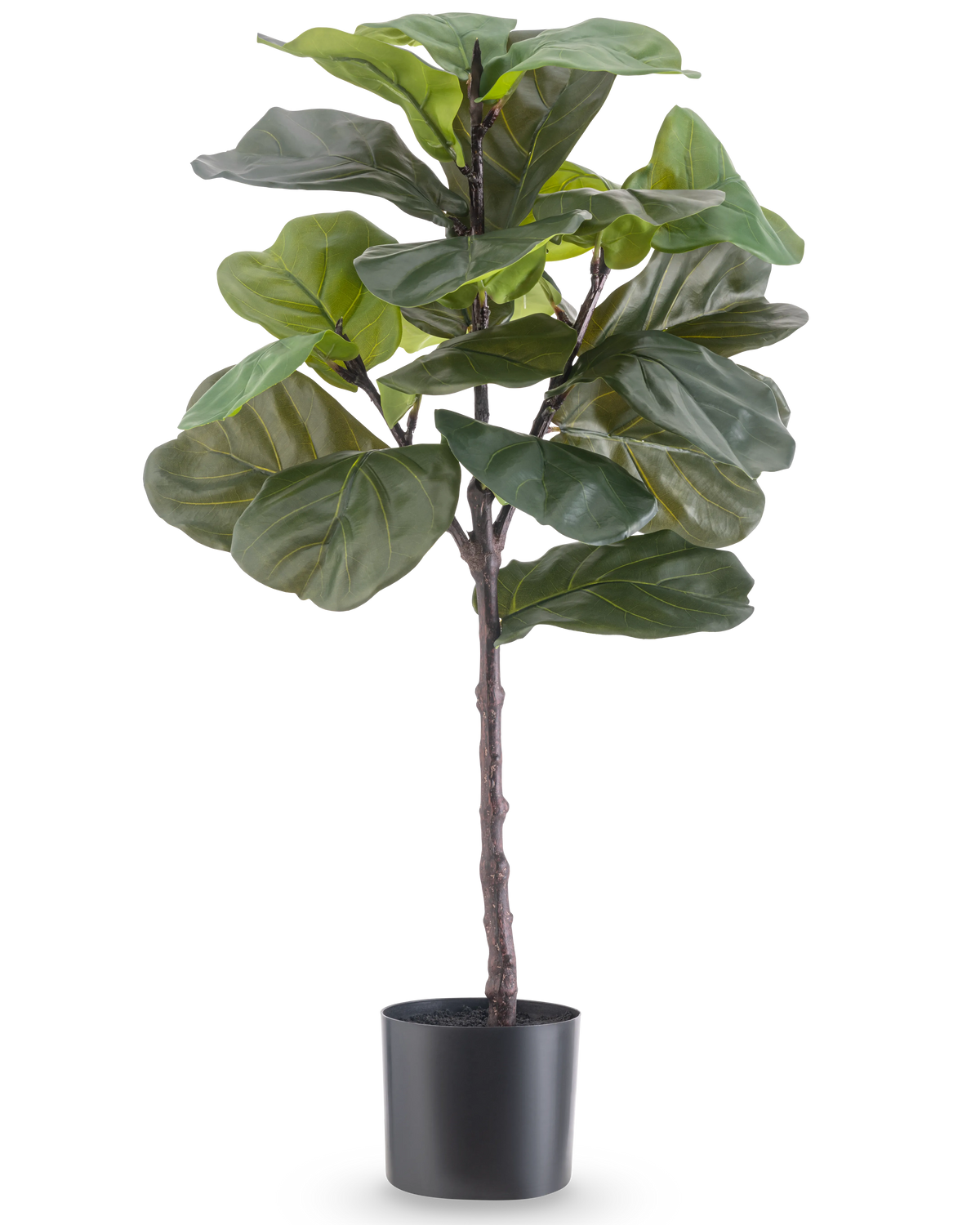 De Kunstplant Ficus Tabaksplant Deluxe 90 cm is een hoge kunstkamerplant met grote, glanzend groene bladeren in een zwarte pot, afgebeeld tegen een effen witte achtergrond.