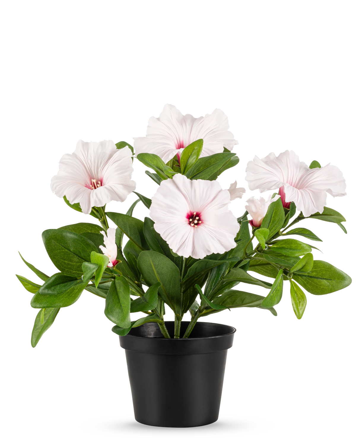 In een zwarte pot staat de Kunstbloem Petunia plant 25 cm roze, met verschillende lichtroze, vijfbladerige bloemen met een donkerroze hart en gele meeldraden, tegen een effen witte achtergrond.