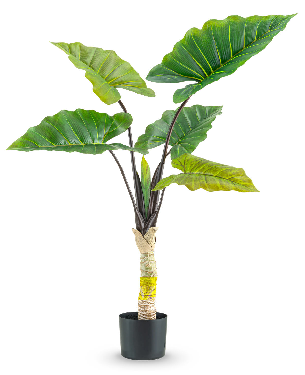 De Kunstplant Calocasia 120 cm heeft grote, brede groene bladeren en een dikke centrale stengel in een hoge pot, tegen een effen witte achtergrond.