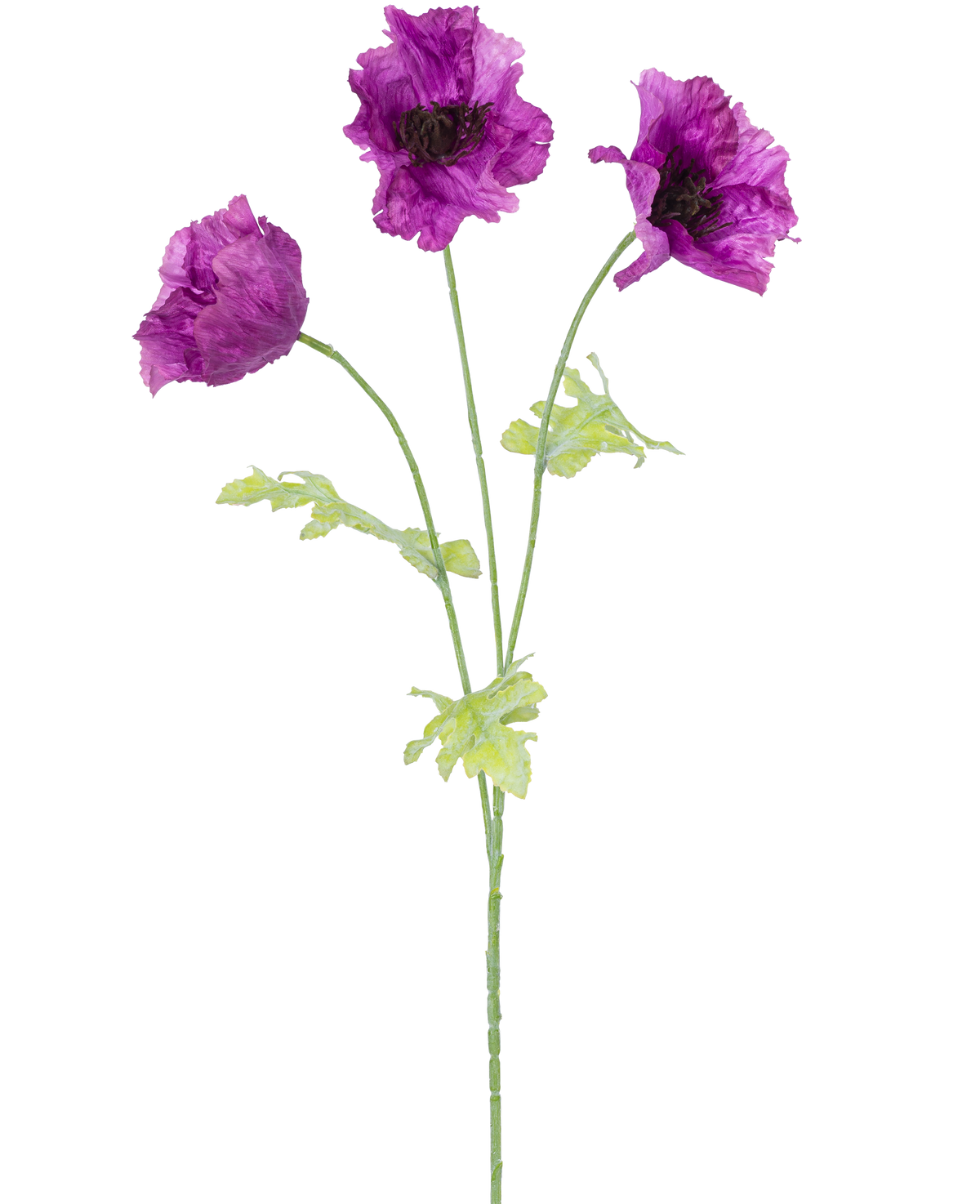 De Kunstbloem Klaproos 73 cm lila heeft drie paarse kunstmatige klaproosbloemen met groene stelen en bladeren, tegen een effen witte achtergrond. De delicate, licht gekreukelde bloemblaadjes voegen textuur toe aan het arrangement.