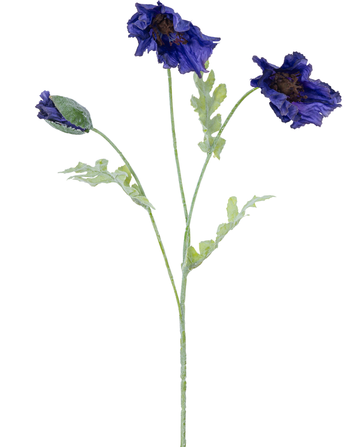 Een botanische illustratie van de Kunstbloem klaproos 73 cm donker blauw toont drie lichtgroene stengels-twee met ruches van donkerblauwe bloemen en een met een gesloten knop tegen een witte achtergrond.