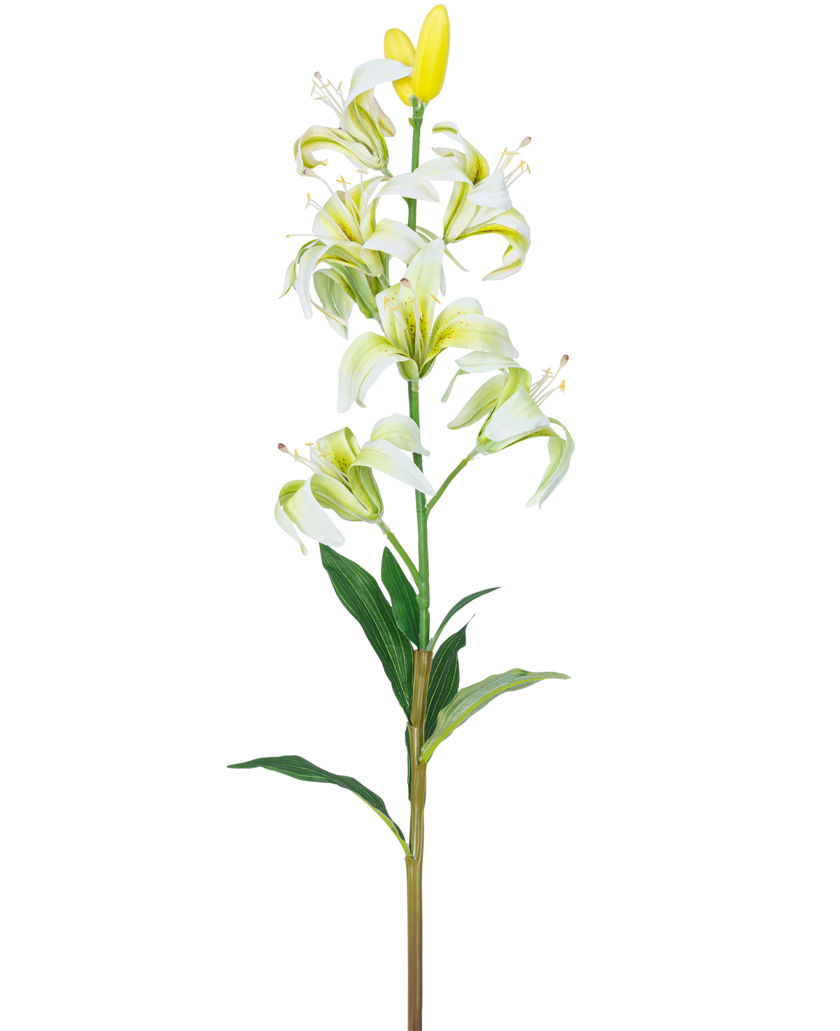 De Kunstbloem Martagon Lelie 78 cm wit heeft een lange steel met meerdere witte leliebloemen en knoppen, een geel hart en groene bladeren, geïsoleerd op een witte achtergrond.