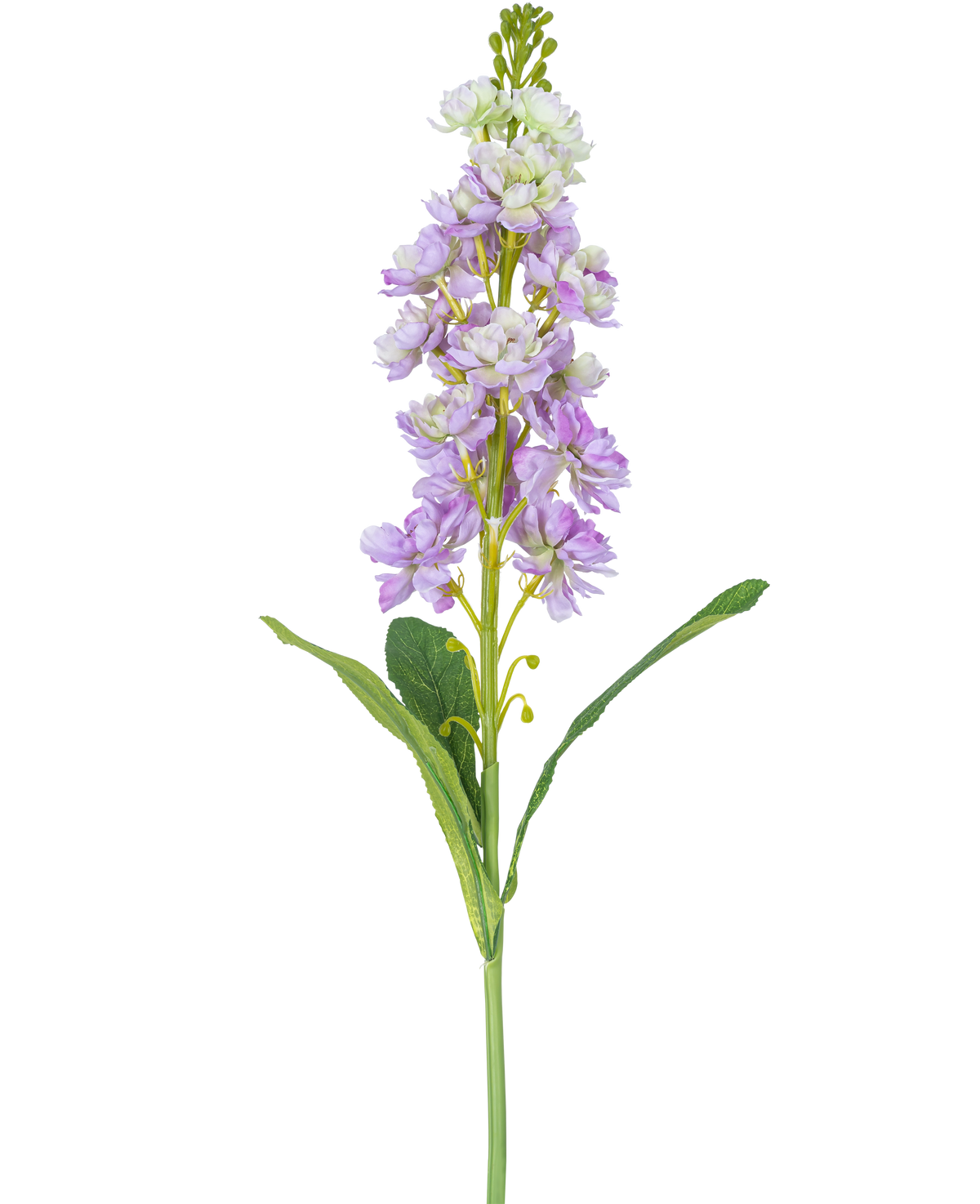 Een enkele Kunstbloem Violier 78 cm in lichtpaars en wit met groene bladeren, tegen een witte achtergrond.