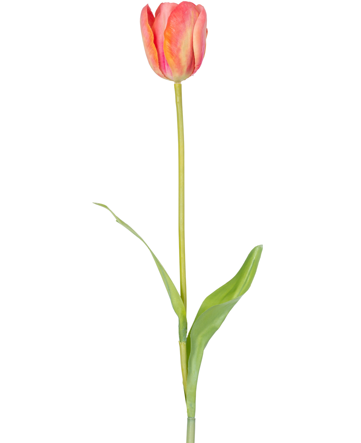 Een enkele Kunstbloem Franse Tulp 63 cm oranje met een lange groene steel en twee groene bladeren, geïsoleerd op een witte achtergrond.
