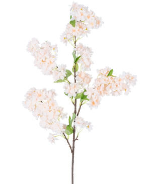 Een enkele Kunst Kersenbloesem 100 cm wit/roze tak met trossen lichtroze en witte kersenbloesems met groene bladeren, geïsoleerd op een witte achtergrond.