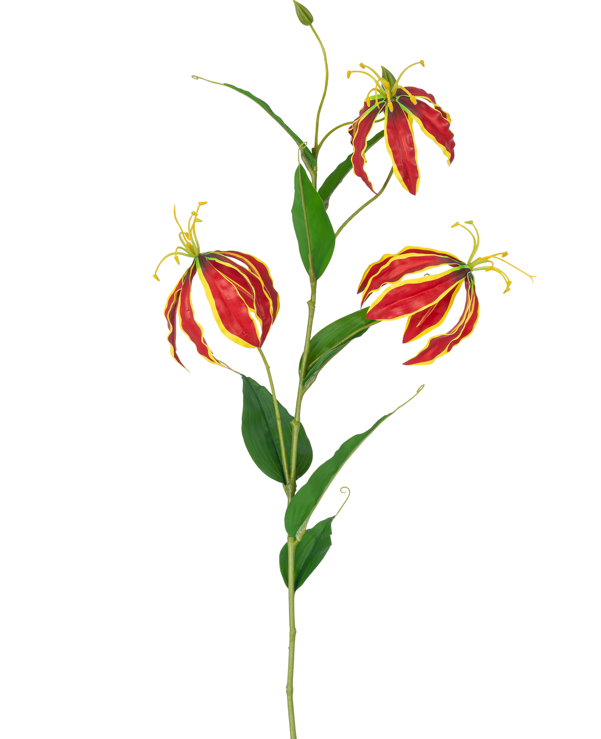 De Kunstbloem Gloriosa Real Touch Rood 75 cm heeft een enkele steel met drie levendige rode en gele leliebloemen en lange groene bladeren, tegen een witte achtergrond.