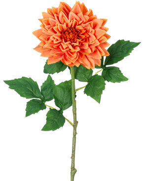 Een enkele Kunst Georgine Real Touch oranje 70cm steel heeft gelaagde oranje dahlia bloemblaadjes en groene bladeren, tegen een witte achtergrond.