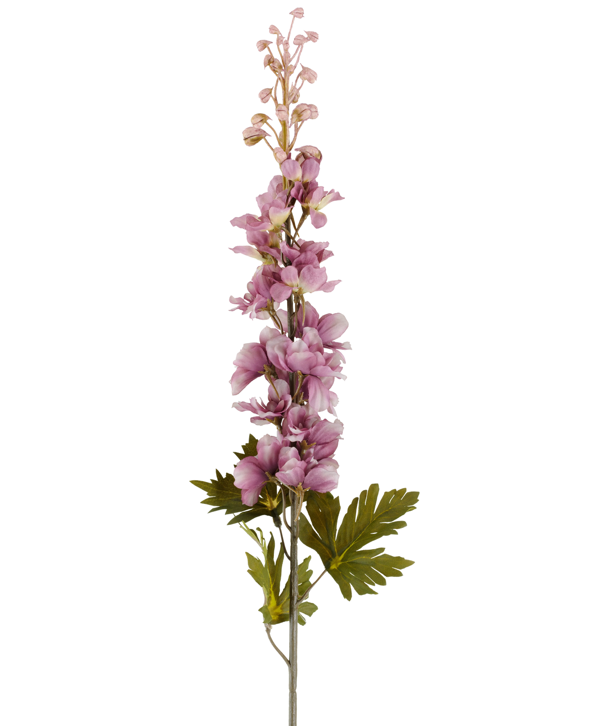 Een enkele stengel van Kunstbloem Delphinium 79 cm mauve met meerdere mauve-getinte roze en paarse bloesems die naar boven bloeien, geaccentueerd door groene bladeren, afgebeeld tegen een witte achtergrond.
