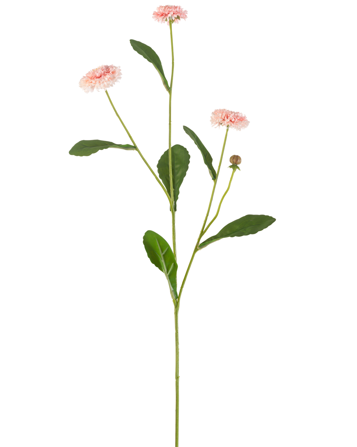 De Kunstbloem Zomeraster 57 cm roze heeft een lange groene steel met drie roze margrietachtige bloemen en verschillende groene bladeren, tegen een effen witte achtergrond.