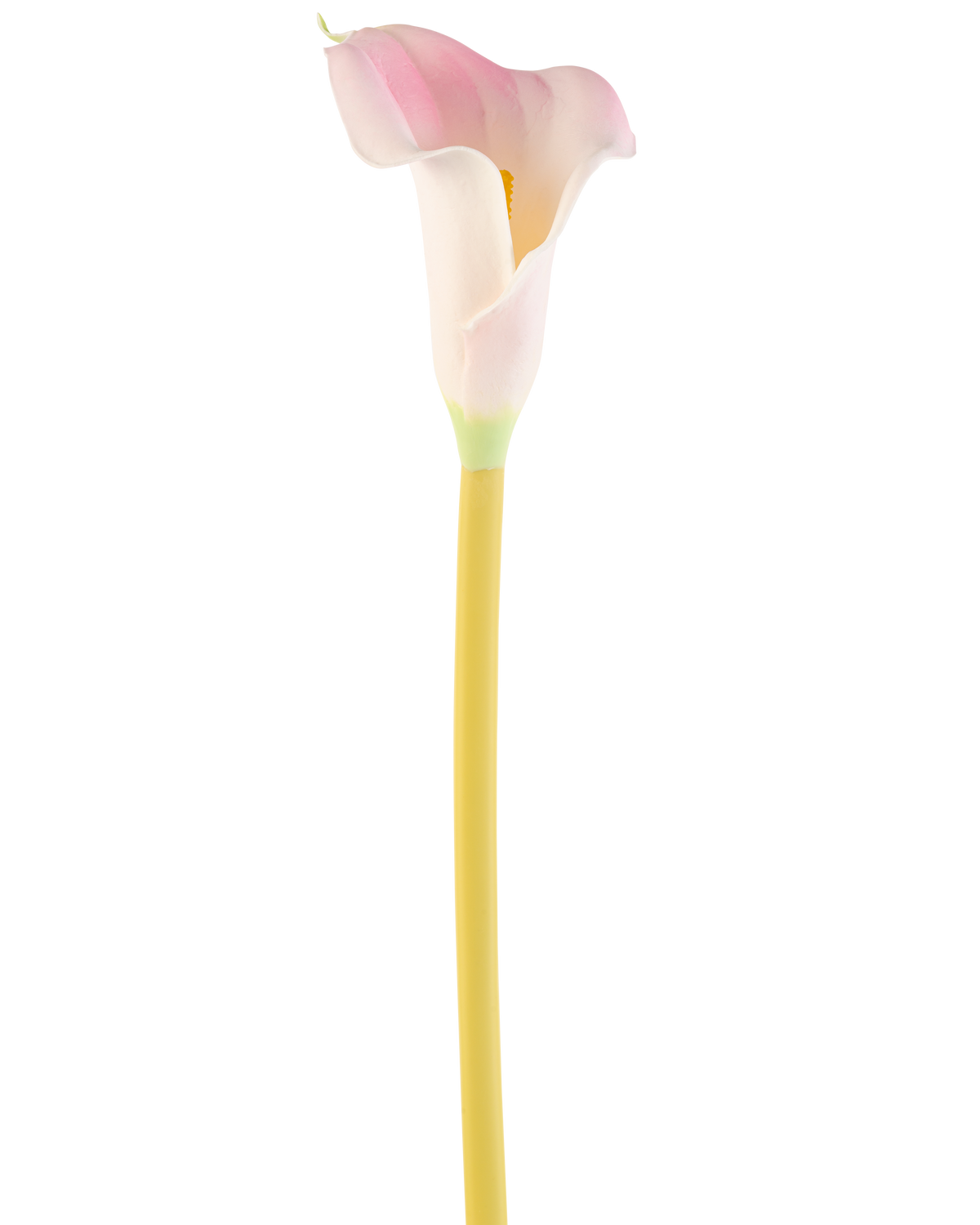 De Kunstbloem Calla 64 cm blush, een enkele roze en witte calla lelie met een gele steel, wordt getoond tegen een effen witte achtergrond.
