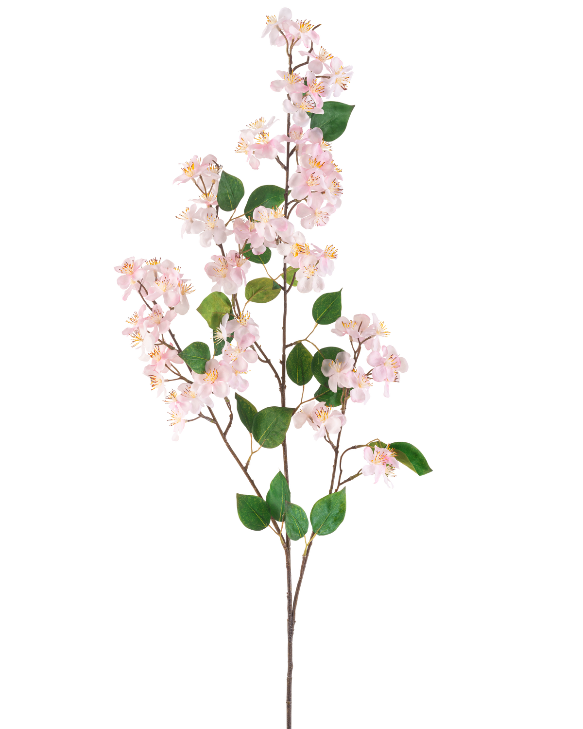 De Kunstbloem Perzikbloesem 140 cm roze is een kunsttak met lichtroze perzikbloesem bloemen en groene bladeren op slanke bruine stelen, afgebeeld geïsoleerd tegen een witte achtergrond.