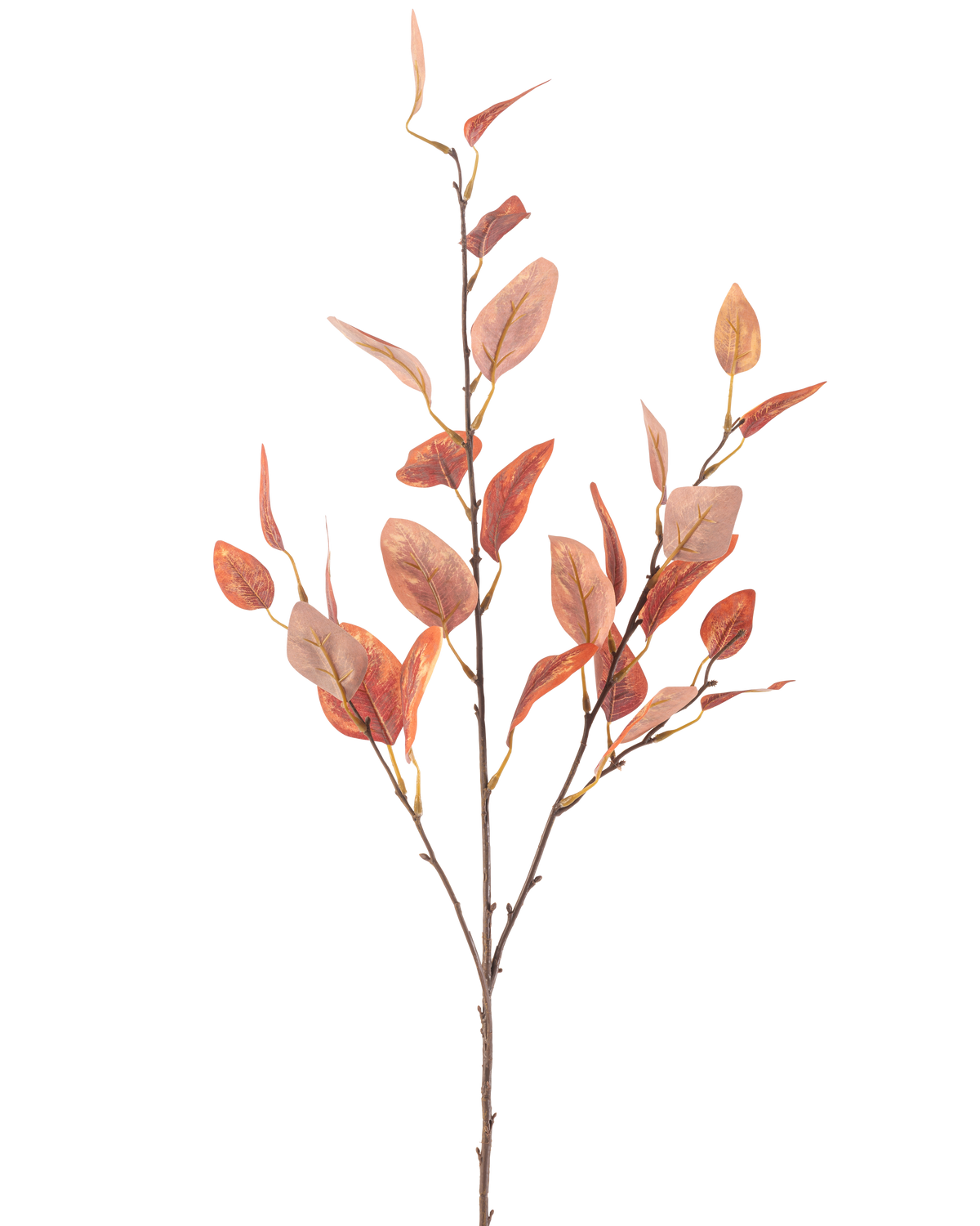 Een enkele Kunstbloem Eucalyptus 104 cm met meerdere dunne stelen en ovale rode herfstbladeren, tegen een effen witte achtergrond.