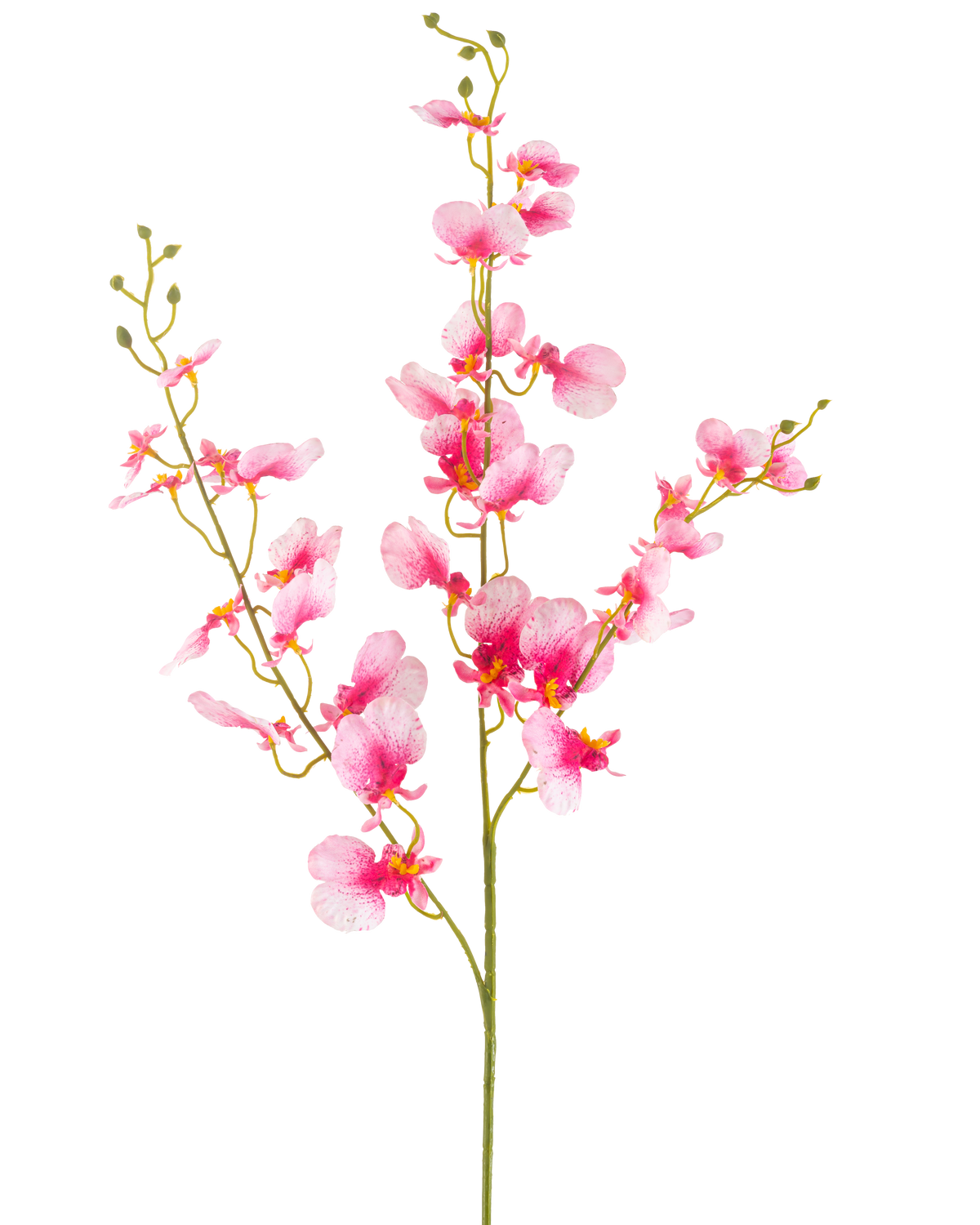 De Kunstbloem Orchidee 98 cm roze heeft een enkele steel met meerdere takken van levendige roze orchidee bloemen, delicate bloemblaadjes en groene knoppen, tegen een effen witte achtergrond.