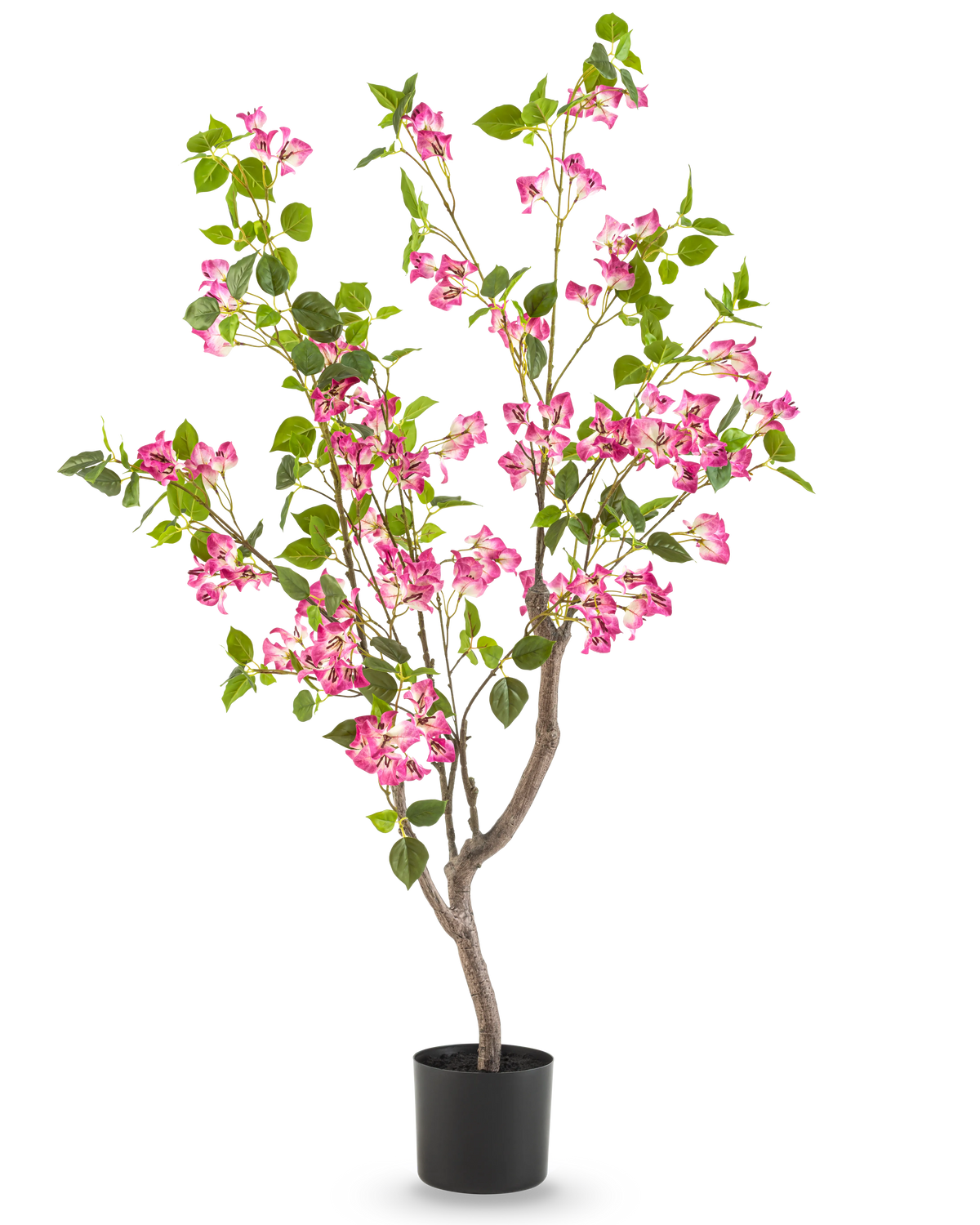 De Kunstplant Bougainvillea 120 cm heeft meerdere takken, groene bladeren en trossen levendige roze bloemen tegen een effen witte achtergrond.