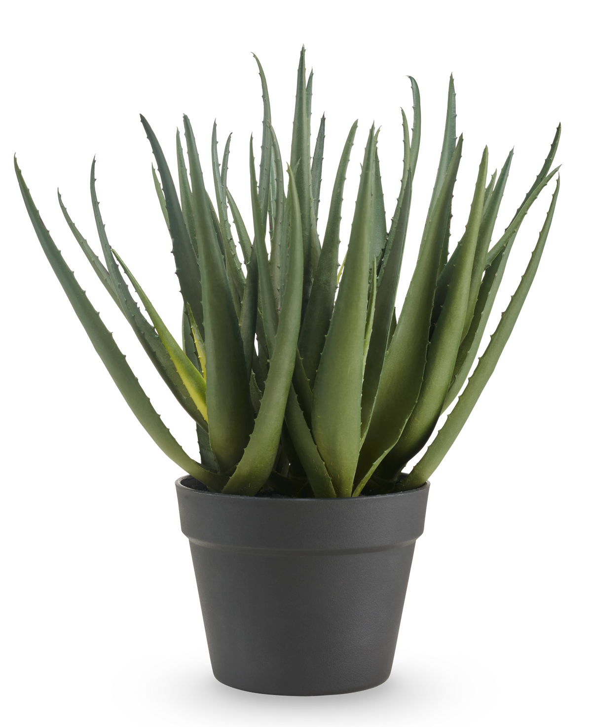 De Kunstplant Aloë 46 cm heeft lange, puntige groene bladeren en wordt geleverd in een eenvoudige donkergrijze pot, tegen een effen witte achtergrond.