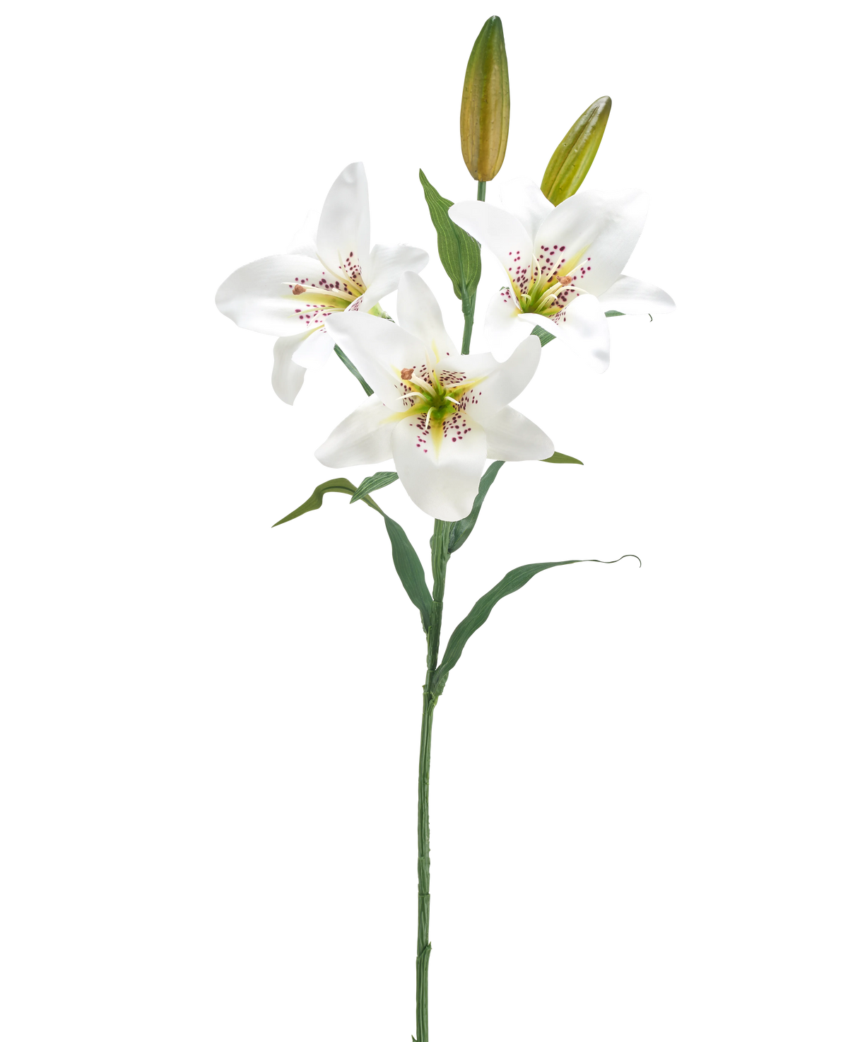 De Kunstbloem Lelie 78 cm wit heeft een enkele steel met drie open witte leliebloemen, een roze gespikkeld hart, twee gesloten knoppen en groene bladeren, tegen een effen witte achtergrond.