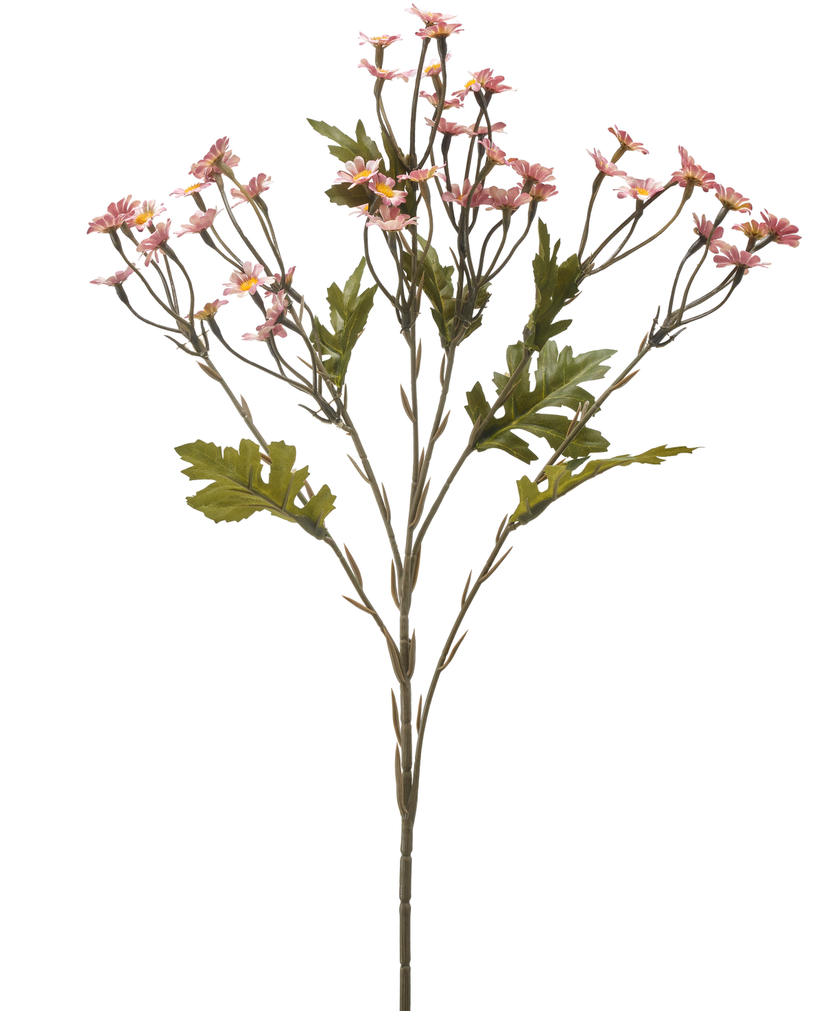 De Kunstbloem Mini Daisy 61 cm mauve is een enkele steel met meerdere takken, versierd met kleine mauve bloemen en groene bladeren, geïsoleerd op een witte achtergrond.