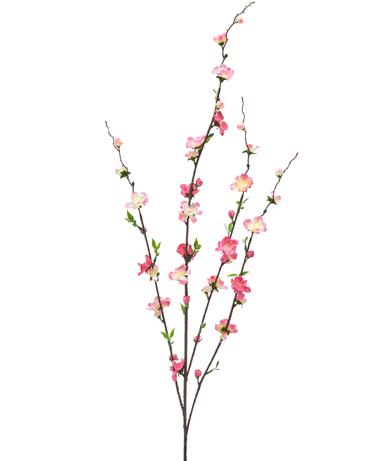 De Kunstbloem Bloesem 93 cm fuchsia/roze heeft drie slanke takken met kleine groene blaadjes en trossen fuchsia en roze bloesems, geïsoleerd op een witte achtergrond.