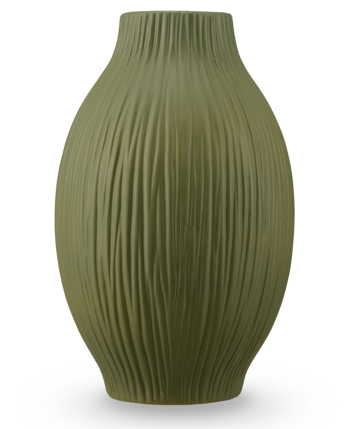 De Vaas Silent Leaf 25 cm groen is een vaas van groen keramiek met een matte afwerking en verticale groeven op het ronde, licht taps toelopende lichaam, tegen een effen witte achtergrond.