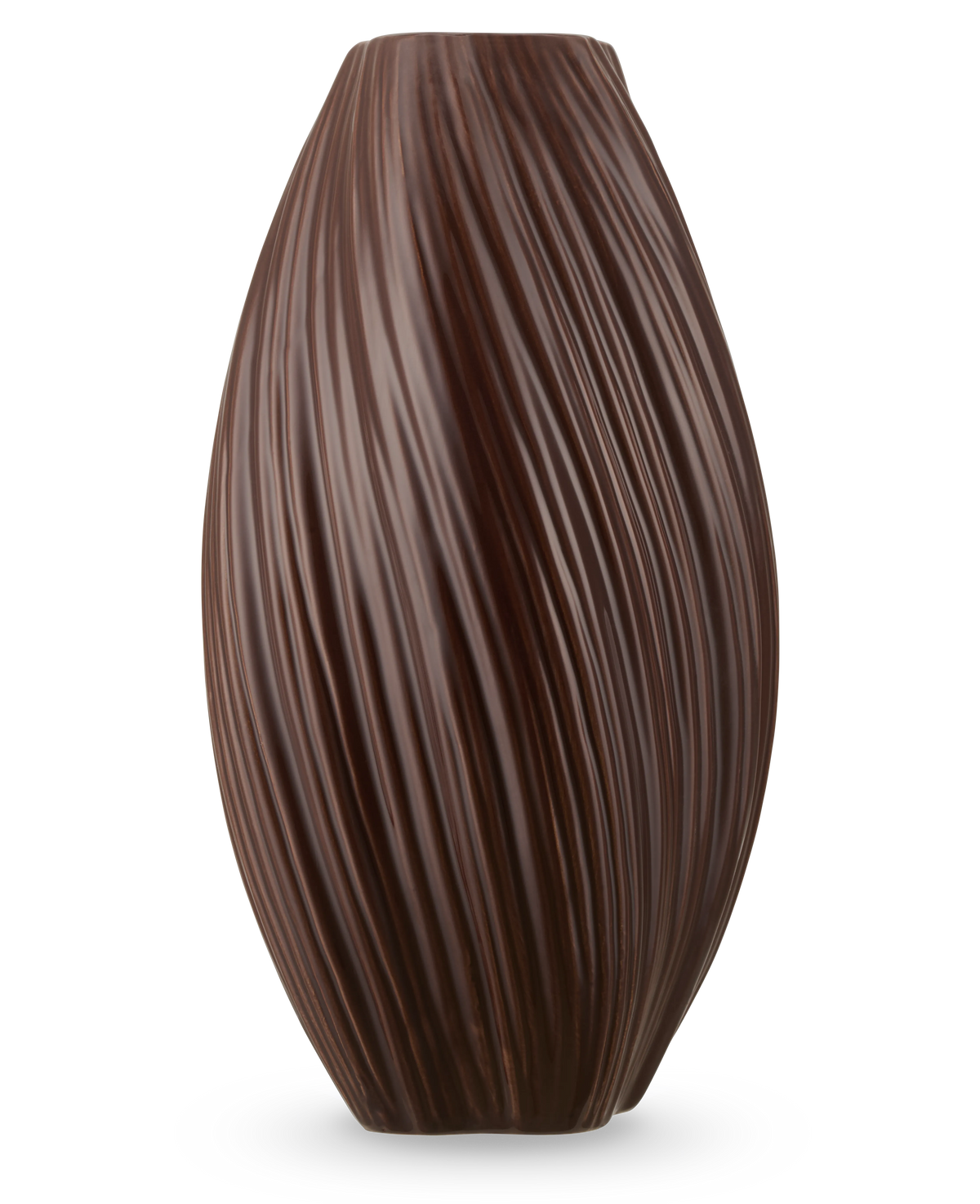 De Vaas Soft Dune 26 cm bruin is een hoge, donkerbruine vaas van keramiek met een gladde, glanzende afwerking met een verticaal golvend structuurpatroon.