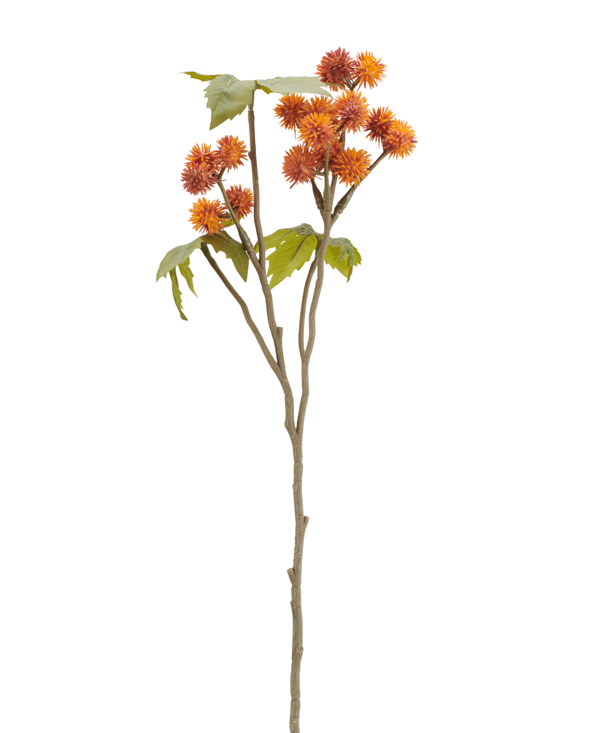 Kunstbloem Ricinus 43 cm, oudoranje kunsttak met stekelige, gedempte oranje bloemtrossen en groene bladeren.