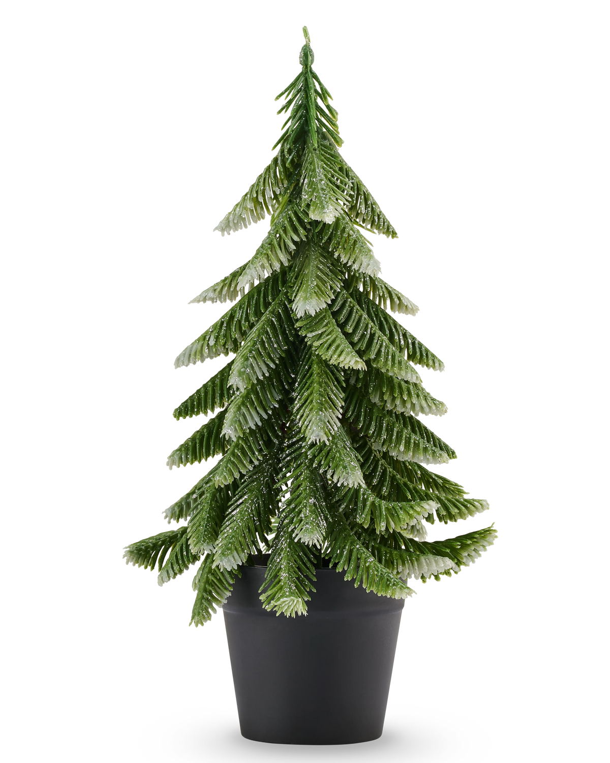 Kunstkerstboom mini Nordisk 28 cm, een compacte kunstkerstboom met groen naaldgebladerte bedekt met een laagje sneeuw, in een zwarte pot.