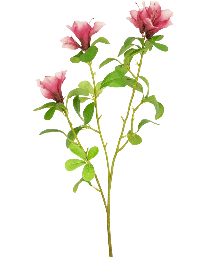 Een enkele Kunstbloem Rododendron Azalea 73 cm fuchsia steel met drie bloeiende roze bloemen en meerdere groene bladeren op een witte achtergrond.