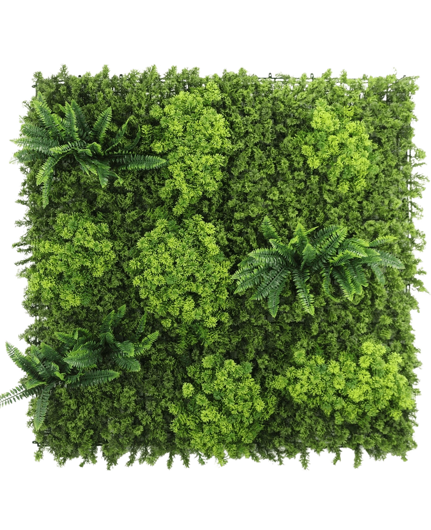 Het Kunsthaag Moss 100x100 cm UV-paneel heeft dicht, gevarieerd groen gebladerte en verschillende clusters van varenachtige bladeren op een witte achtergrond.