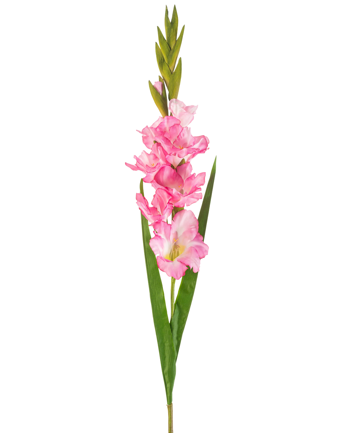 Een enkele Kunstbloem Gladiolen 93 cm felroze met meerdere felroze bloesems en knoppen, gepaard met lange groene bladeren, op een witte achtergrond.