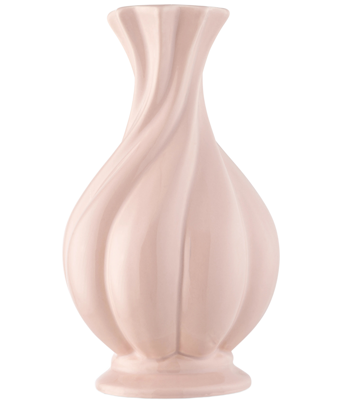 De Vaas Little Fairy 26 cm roze is een glanzende, lichtroze vaas van keramiek met een uitlopende rand en gebeeldhouwde wervelende groeven, ideaal voor het uitstallen van een zijden kunstbloemen boeket. Afgebeeld tegen een effen witte achtergrond.