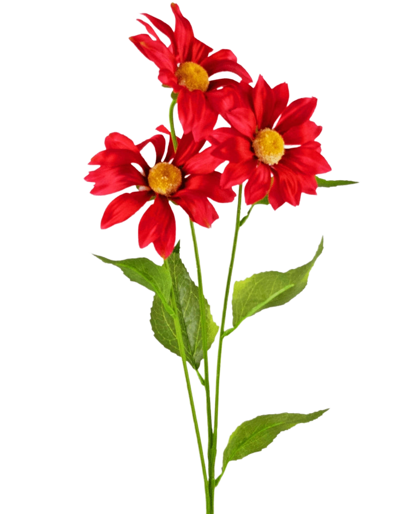 De Kunstbloem Madelief 78 cm rood heeft drie levendige rode kunstmadeliefjes met gele hartjes en groene blaadjes op lange stelen, tegen een effen witte achtergrond.