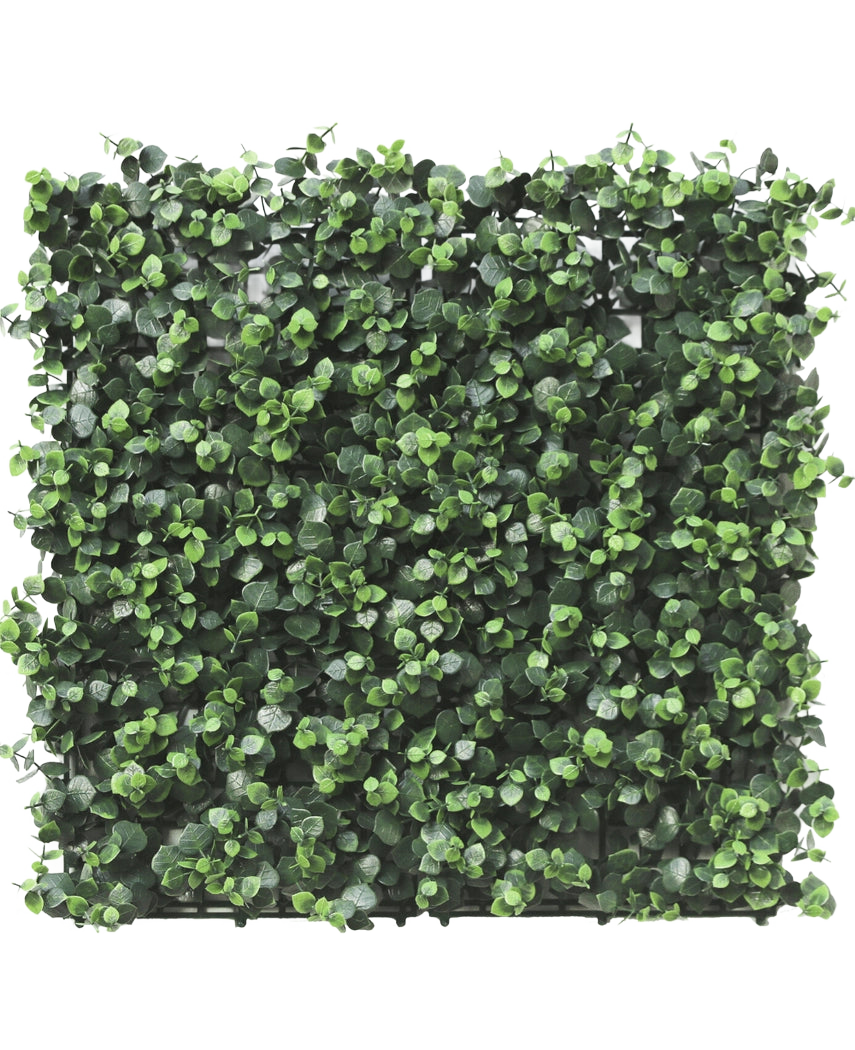 De Kunsthaag Eucalyptus 50x50 cm UV is een vierkant paneel met dichte, kleine, ronde kunstmatige eucalyptusbladeren, dicht opeengepakt voor een levendige en natuurlijke look, perfect voor het creëren van weelderige verticale tuinen of decoratieve muren binnen of buiten.