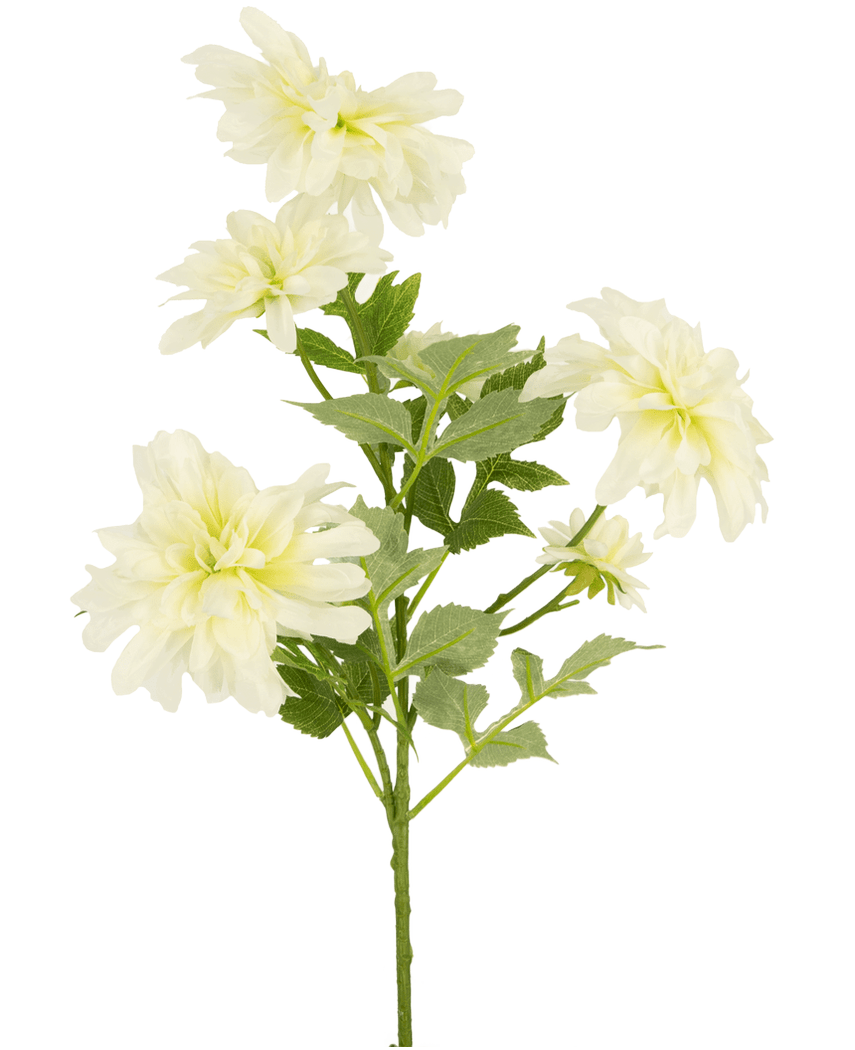 Een Kunstbloem Dahlia 60 cm groot met meerdere lichtgele dahlia bloemen en groene bladeren tegen een effen witte achtergrond.
