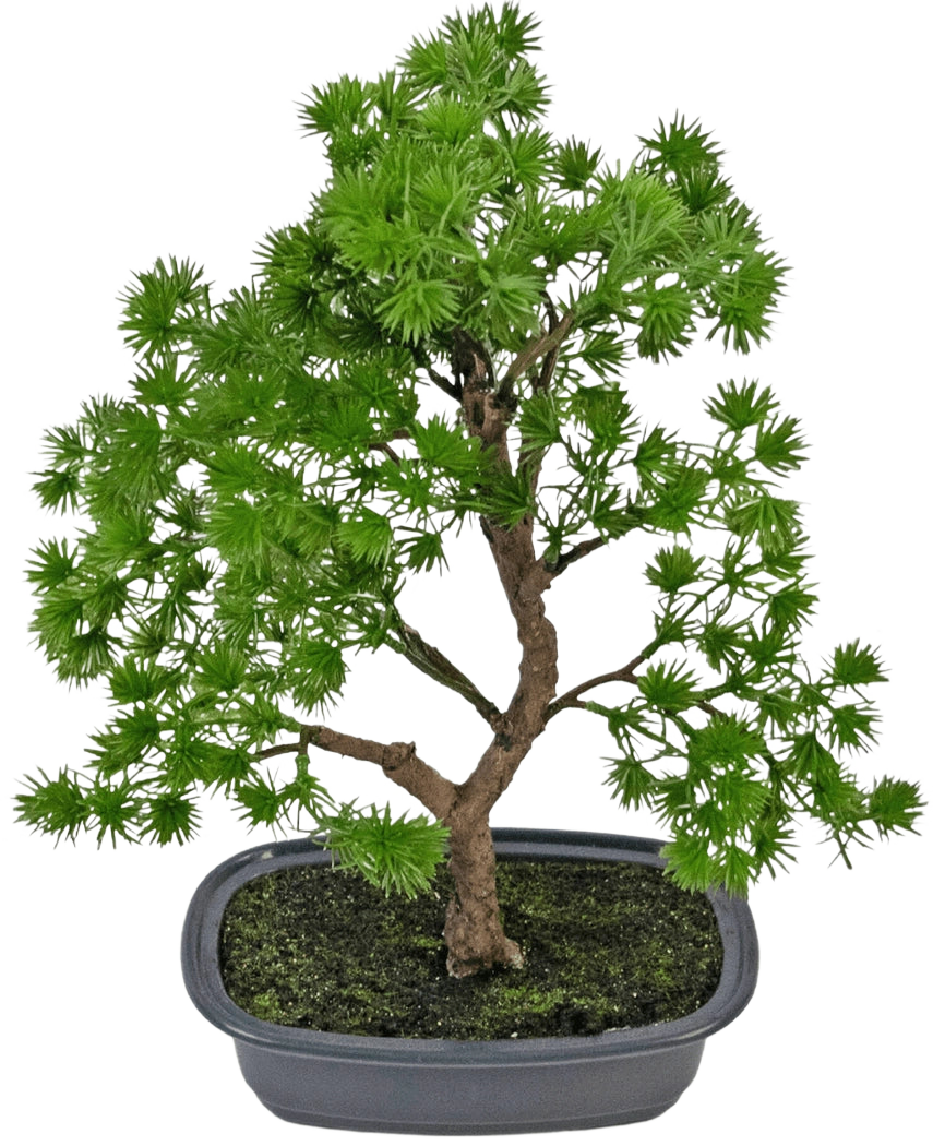 De Kunstplant Bonsai Juniper 30 cm heeft dicht heldergroen blad en een gedraaide stam, in een ondiepe grijze pot met donkere aarde, tegen een effen witte achtergrond.