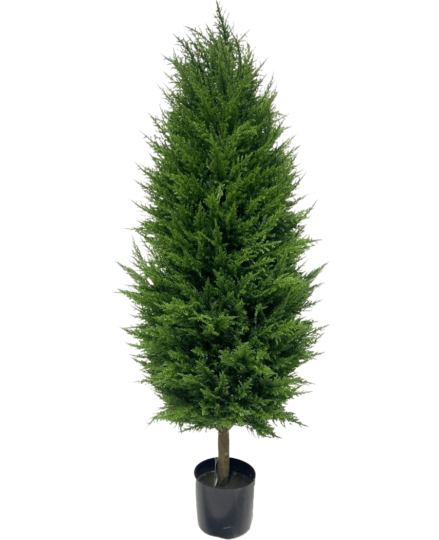 De Kunstplant Conifeer deluxe UV 120 cm heeft dicht, heldergroen blad en staat rechtop in een zwarte plastic bak, perfect voor elke kunstplantentuin. Inclusief UV-bescherming voor blijvende schoonheid tegen een effen witte achtergrond.
