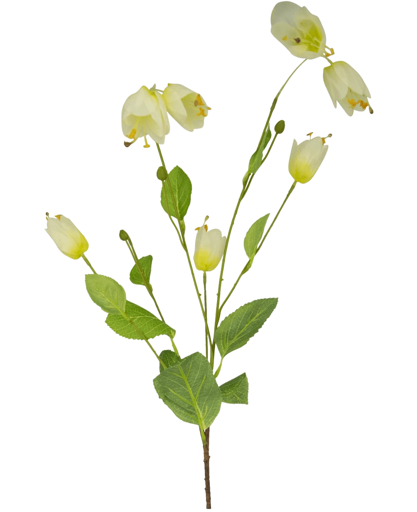 Een Kunstbloem Parelmoervlinder 94 cm groot met een enkele groene steel, meerdere witte klokvormige bloemen en meerdere groene bladeren op een effen witte achtergrond.