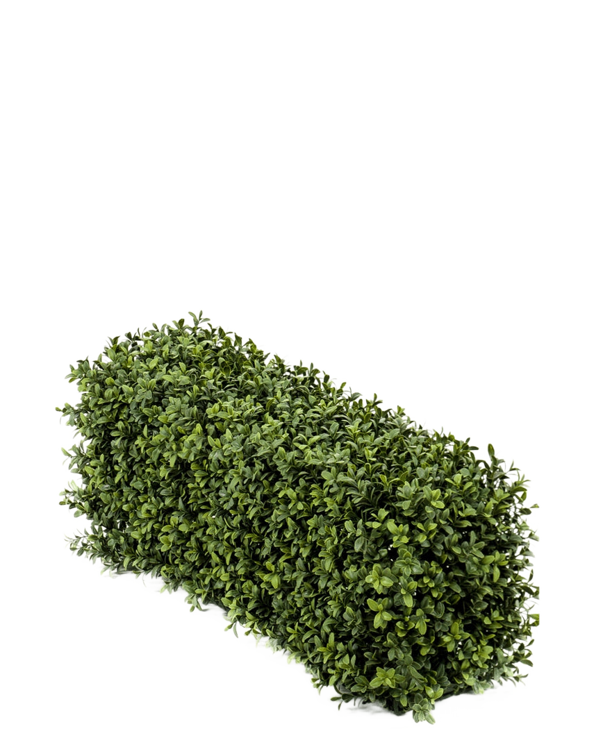 De Kunst Buxushaag UV 70x20x25 cm is een dichte, rechthoekige kunst buxusstruik met kleine groene blaadjes tegen een effen witte achtergrond.