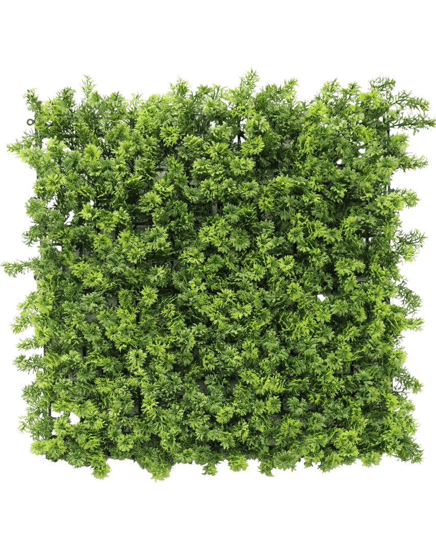 De Kunsthaag Moss 50x50 cm UV is een dicht vierkant paneel van kunstmatig groen gebladerte met kleine bladertakjes, van bovenaf afgebeeld op een witte achtergrond.