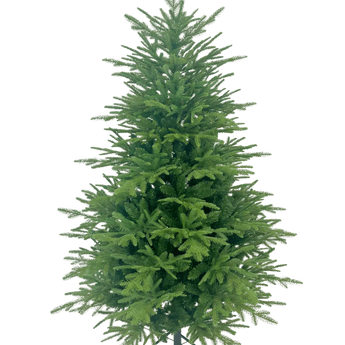 Een volle, groene kunstkerstboom met dichte takken staat op een metalen standaard tegen een effen witte achtergrond.