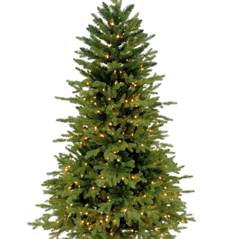 Een groene kunstkerstboom versierd met kleine warmwitte lampjes op een eenvoudige zwarte metalen standaard tegen een effen witte achtergrond.