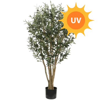Kunstmatige plant in pot met groene bladeren en meerdere stengels, met een geel zonne-icoon met UV-logo in de rechterbovenhoek, wat duidt op UV-bestendigheid.