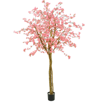 Een hoge kunstmatige kersenbloesemboom met een bruine stam en takken, bedekt met roze bloemen, staat in een kleine zwarte pot tegen een effen witte achtergrond.