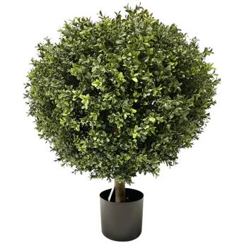 Een ronde, bladgroene kunsttopiary plant met dicht gebladerte, geplaatst in een eenvoudige zwarte pot tegen een effen witte achtergrond.