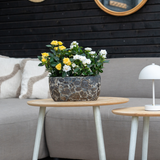 Een grijze bank met beige kussens staat achter een houten bijzettafel met de Kunstplant Mini Rose UV 35 cm geel; een kleine witte lamp staat op een kleinere tafel, met wandspiegels en decor op de achtergrond.