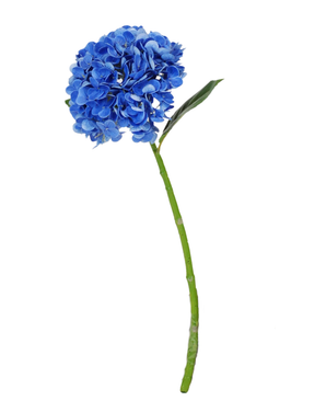 De Kunstbloem Charlotte Hortensia Real Touch in donkerblauw is een 55 cm grote kunstbloem, bestaande uit een enkele bloem met een lange groene steel en twee groene bladeren, perfect voor display tegen een witte achtergrond.