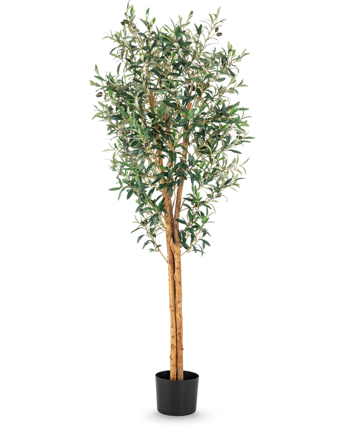De Kunst olijfboom UV 160 cm is een hoge kunstolijfboom met slanke takken, groene bladeren en een stam met realistische structuur in een eenvoudige zwarte pot tegen een witte achtergrond.