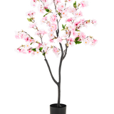 Kunst Kersenbloesem 120 cm roze met roze bloemen en groene bladeren in een zwarte pot, gemaakt van zijde bloemen voor een realistische uitstraling, tegen een witte achtergrond.