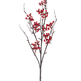 De Kunsttak Berry 93 cm rood heeft een kale bruine tak met meerdere uitlopers en trossen felrode bessen tegen een effen witte achtergrond.