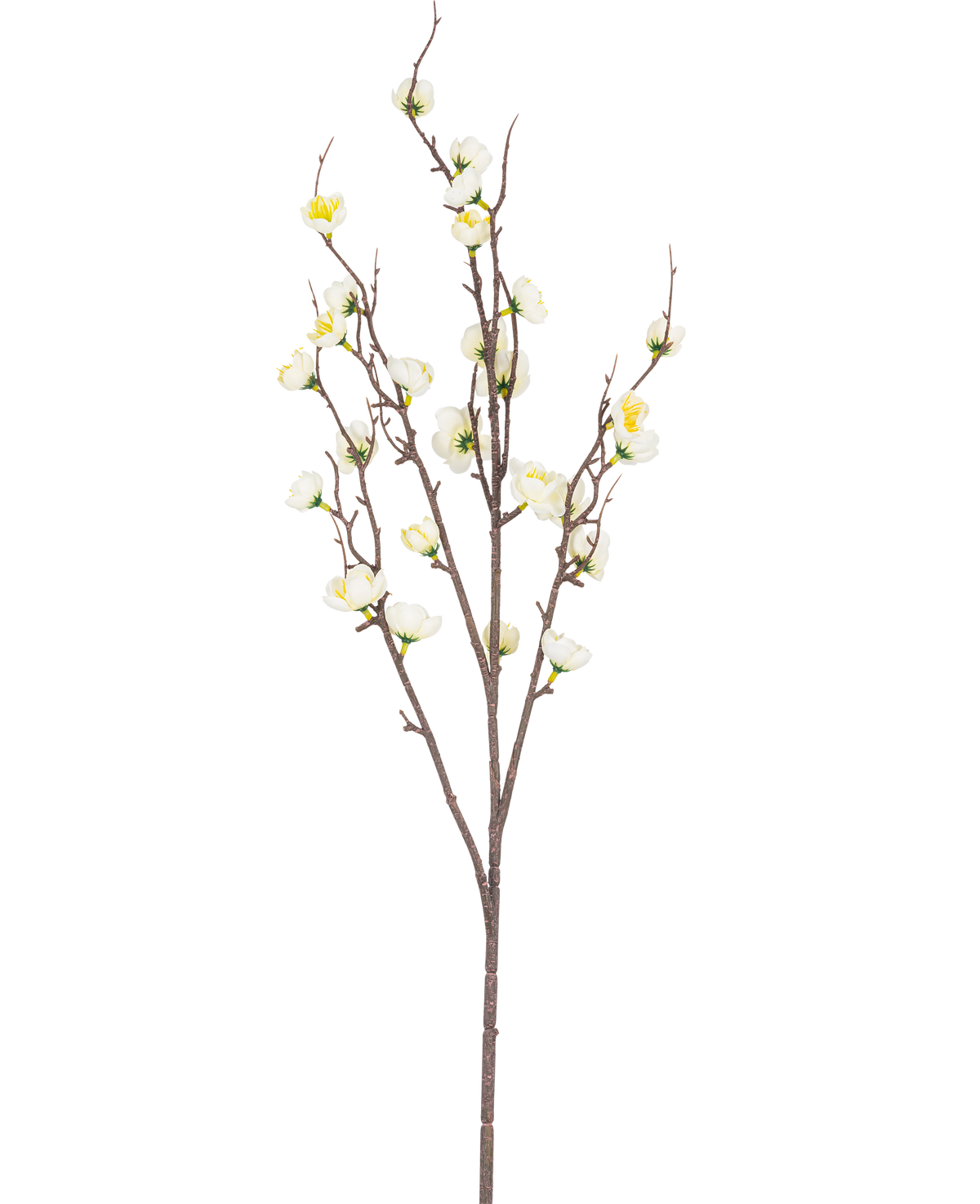 De Kunst Japanse Kersenbloesem 94 cm wit heeft een enkele bruine tak met meerdere dunne uitlopers en kleine witte kunstmatige kersenbloesems, tegen een effen witte achtergrond.