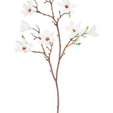 De Kunsttak Magnolia kleinbloemig 89 cm wit heeft een enkele bruine tak met verschillende uitlopers, met meerdere open witte bloemen met een lichtroze hart en kleine groene bladeren, tegen een effen witte achtergrond.